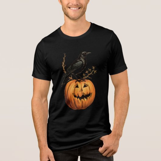 ブラックオレンジ黄色ハロウィーンカボチャ鳥Tシャツ トライブレンドTシャツ (正面)