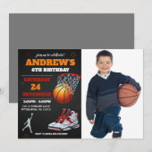 ブラックオレンジ バスケットボール 写真 誕生日 招待状 (正面/裏面)