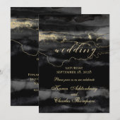 ブラックオングールドのモダンな結婚式のブラシストロークウォーターカラー 招待状 (正面/裏面)