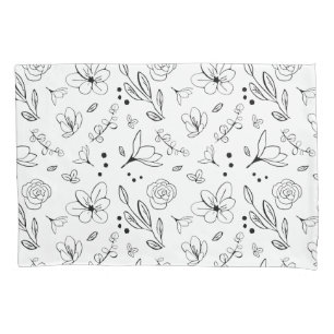 ブラックオンホワイトフローラルパターンミニマルモダンリスト 枕カバー