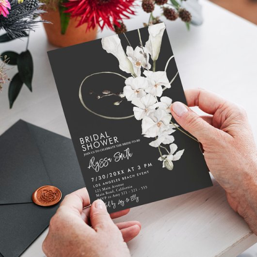 ブラックオーキッドラグジュアリーモダンエレガントブライダルシャワー 招待状