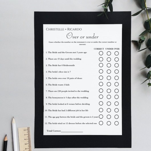 ブラックオーバーまたは下ブライダルシャワーゲーム 案内状