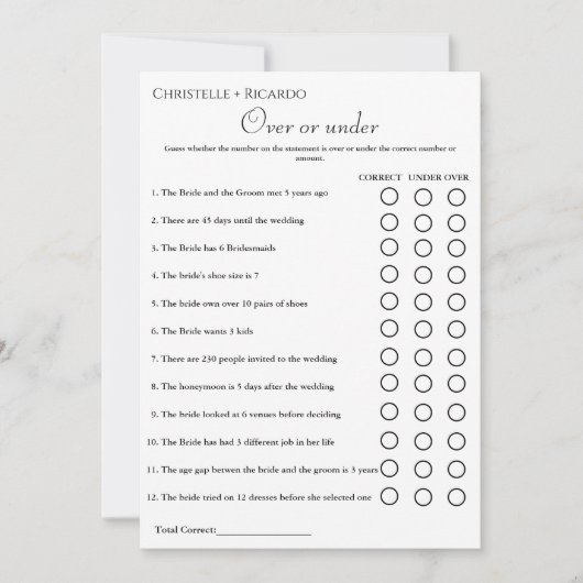 ブラックオーバーまたは下ブライダルシャワーゲーム 案内状 (正面)