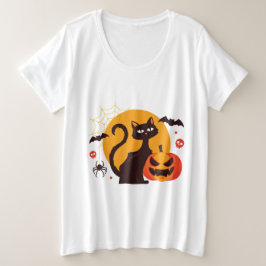 ブラックオ不気味レンジハロウィーンキャットパンプキンアート プラスサイズTシャツ