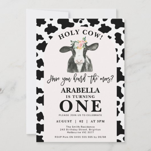ブラックカウズプリントアーチホーリーカウー1歳の誕生日 招待状 (正面)