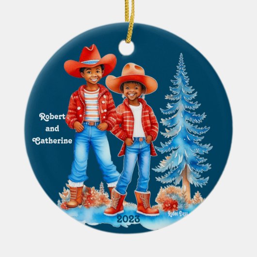 ブラックカウボーイ女性のカーボーイカップルクリスマスカスタム セラミックオーナメント (正面)