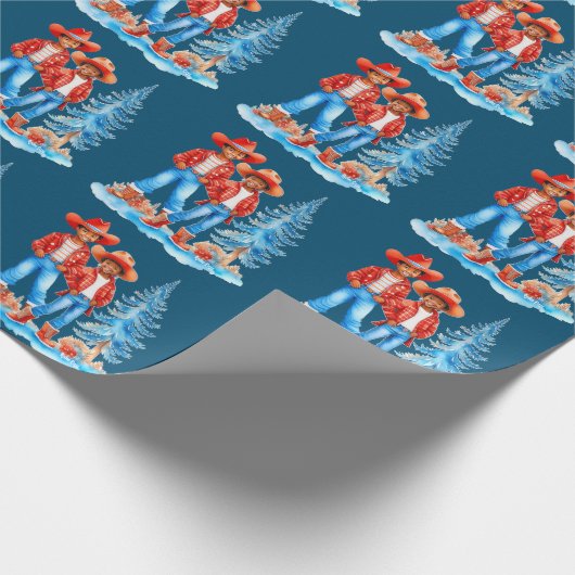 ブラックカウボーイ女性のカーボーイカップル冬クリスマスシーン ラッピングペーパー (角)