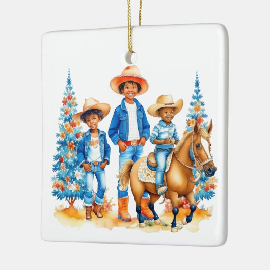 ブラックカウボーイ女性のカーボーイキッズと馬のクリスマス セラミックオーナメント (左)