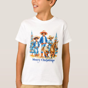 ブラックカウボーイ女性のカーボーイキッズウィズホースクリスメリーム Tシャツ