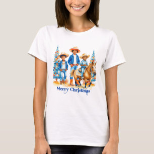 ブラックカウボーイ女性のカーボーイキッズウィズホースクリスメリーム Tシャツ