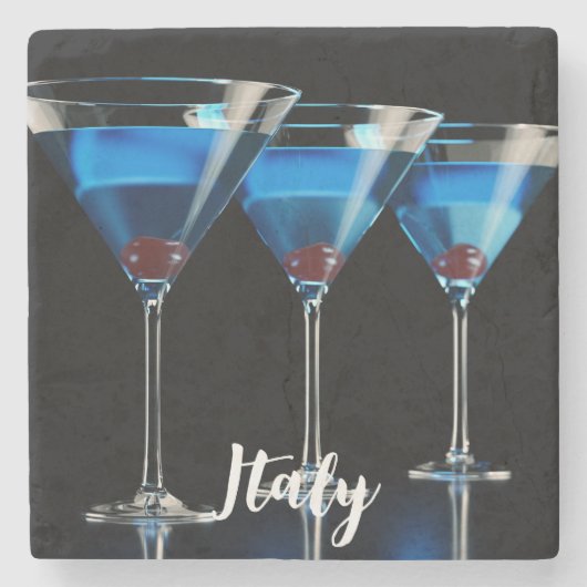 ブラックカクテルさくらんぼ付きブルーカクテル3 ストーンコースター (正面)