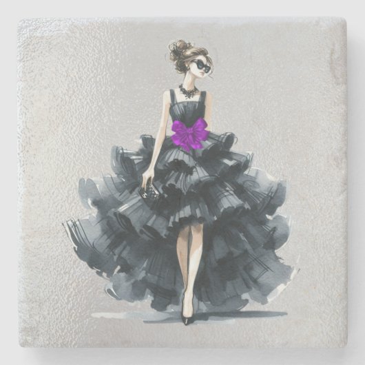 ブラックカクテルガウン、パープルボウ、シェード ストーンコースター (正面)