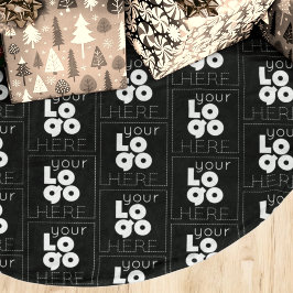 ブラックカスタムクリスマスの会社のホワイトロゴパターン ブラッシュドポリエステルツリースカート