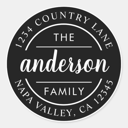 ブラックカスタムスクリプトファミリ名差出人住所 ラウンドシール (正面)