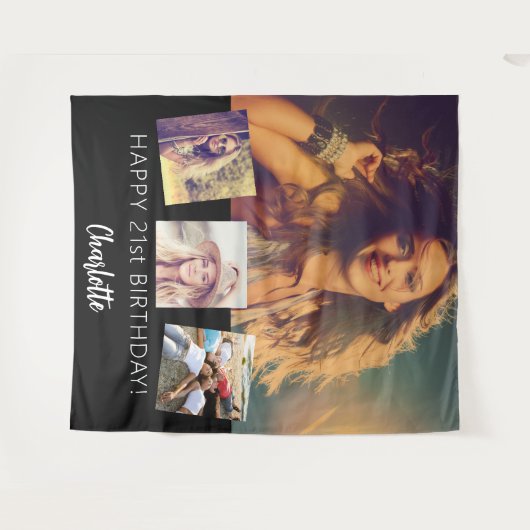 ブラックカスタムフォトコラージュ誕生日パーティー タペストリー (正面(横))