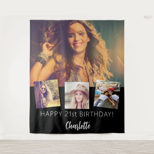 ブラックカスタムフォトコラージュ誕生日パーティー タペストリー (正面)