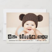 ブラックカットアウトタイポグラフィ男の赤ちゃんフォト誕生 案内状 (正面)