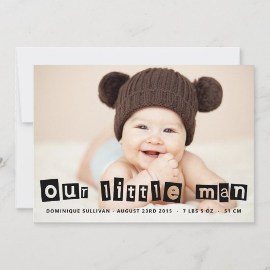 ブラックカットアウトタイポグラフィ男の赤ちゃんフォト誕生 案内状 (正面)