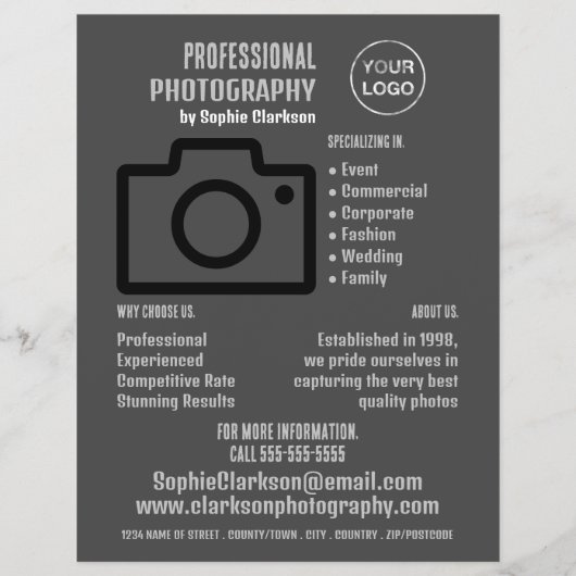 ブラックカメラアイコン、写真家、写真撮影 チラシ (正面)