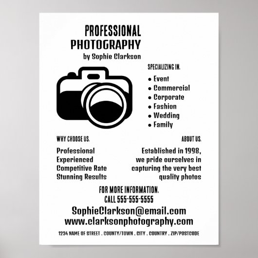 ブラックカメラアイコン、写真家、写真撮影 ポスター (正面)