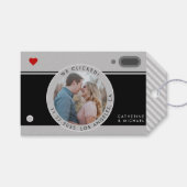 ブラックカメラ結婚写真のユニーク日付の保存 ギフトタグ (正面(横))