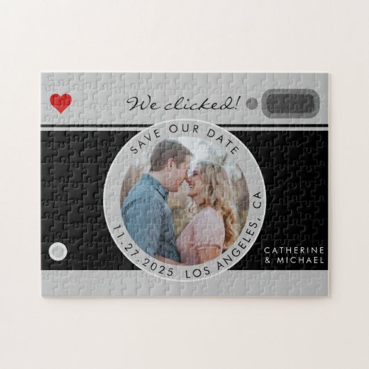 ブラックカメラ結婚写真のユニーク日付の保存 ジグソーパズル (横)