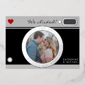 ブラックカメラ結婚写真のユニーク日付の保存 箔シーズンカード (正面)