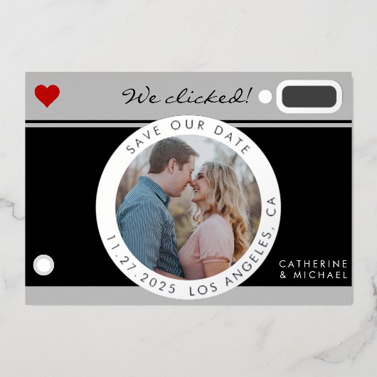 ブラックカメラ結婚写真のユニーク日付の保存 箔シーズンカード (正面)