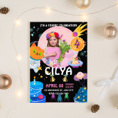 ブラックカラフル宇宙をテーマにした誕生日パーティインビタット 招待状