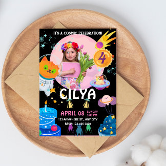 ブラックカラフル宇宙をテーマにした誕生日パーティインビタット 招待状