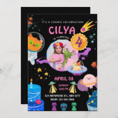 ブラックカラフル宇宙をテーマにした誕生日パーティー 招待状 (正面/裏面)