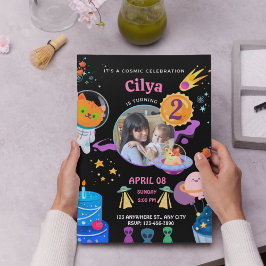 ブラックカラフル宇宙をテーマにした誕生日パーティー 招待状
