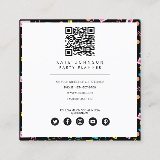 ブラックカラフル80年代80年代のレトロパーティープランナー スクエア名刺 (裏面)
