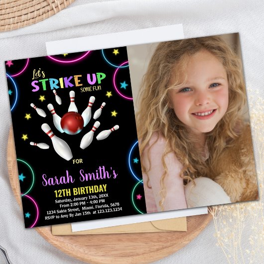 ブラックカラーズレインボーフォトボーリング誕生日 招待状