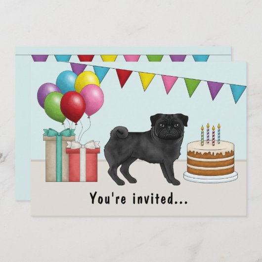 ブラックカラーパグかわいい漫画の犬のカラフル誕生日 招待状 (正面/裏面)