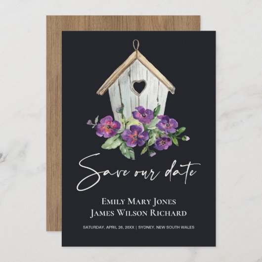 ブラックカントリー素朴パープルフローラバードハウス セーブザデート (正面/裏面)