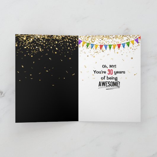 ブラックカードに描かれた30歳の誕生日ユーモア カード (内部)