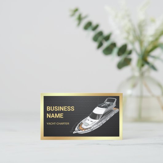 ブラックカーボンファイバー金ゴールドラグジュアリーヨットチャーター 名刺 (スタンド正面)