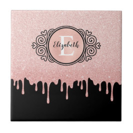 ブラックガーリーバラ金ゴールドグリッタードリップスモノグラム タイル