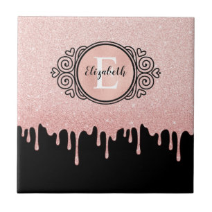 ブラックガーリーバラ金ゴールドグリッタードリップスモノグラム タイル