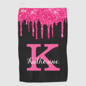 ブラックガーリーホットピンクグリッタードリップモノグラム名 ゴルフタオル (正面)