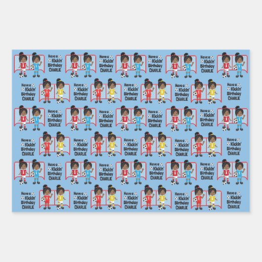 ブラックガールサッカーパーソナライズされた ラッピングペーパーシート (正面3)