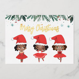 ブラックガールズクリスマスサンタハットバレリーナ 箔シーズンカード