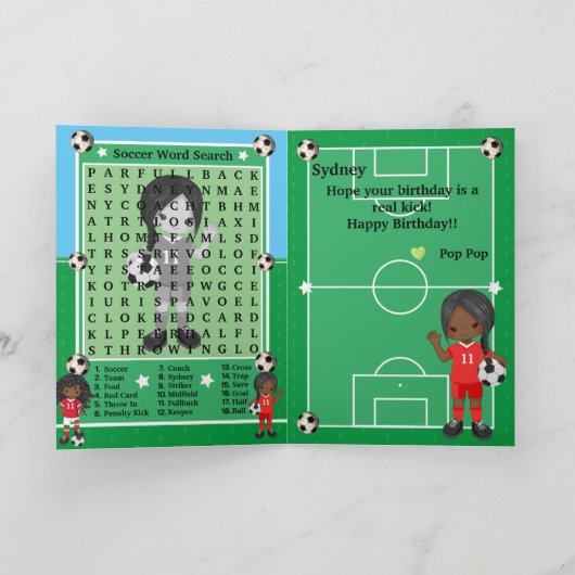ブラックガールズサッカーワード検索ハッピーバースデー カード (内部)