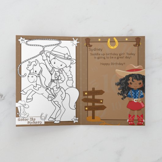 ブラックガールズ女性のカーボーイカラーリングページハッピーバースデー カード (内部)