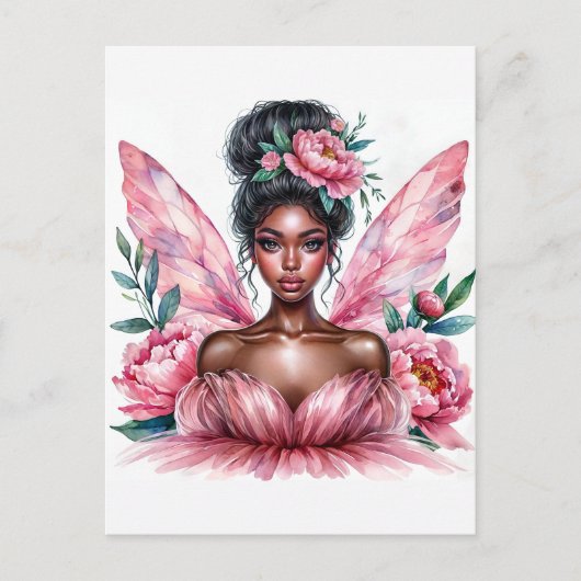 ブラックガールフェアリーピンク牡丹の水色 ポストカード (正面)
