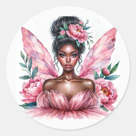 ブラックガールフェアリーピンク牡丹の水色 ラウンドシール (正面)
