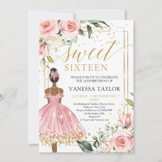 ブラックガールプリンセスピンクドレス赤面フローラ金ゴールド 招待状 (正面)