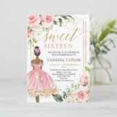 ブラックガールプリンセスピンクドレス赤面フローラ金ゴールド 招待状 (スタンド正面)