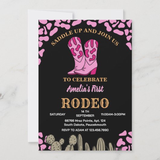 ブラックガールラウンドファーストロデオ1パーティー誕生日 招待状 (正面)